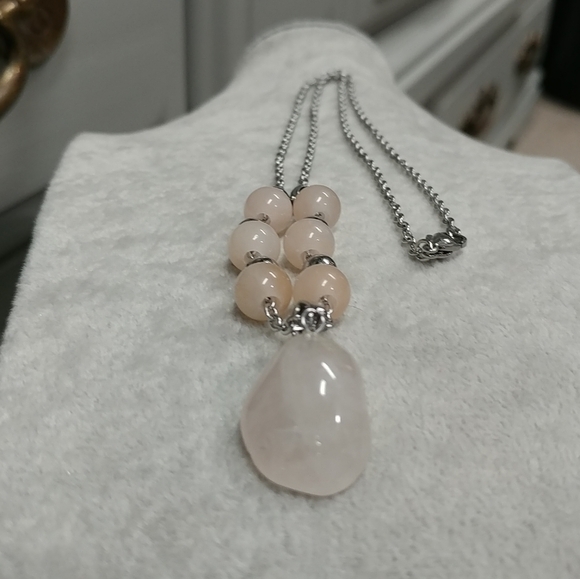 Peach Aventurine Rose Quartz Necklace Natural Gemstone Pendant Stainless-Steel - Picture 11 of 15